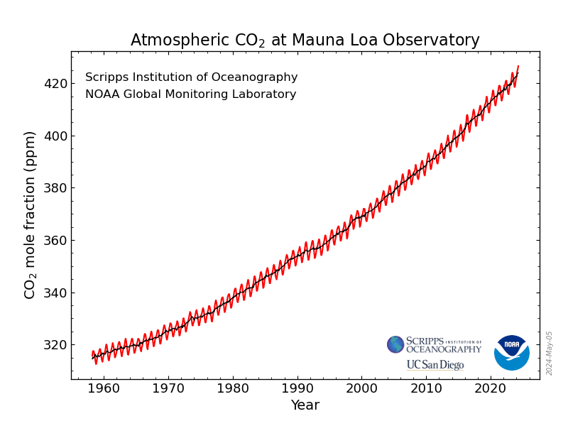 A graph showing the concentration of carbon dioxide in the atmoshpere since 1960.