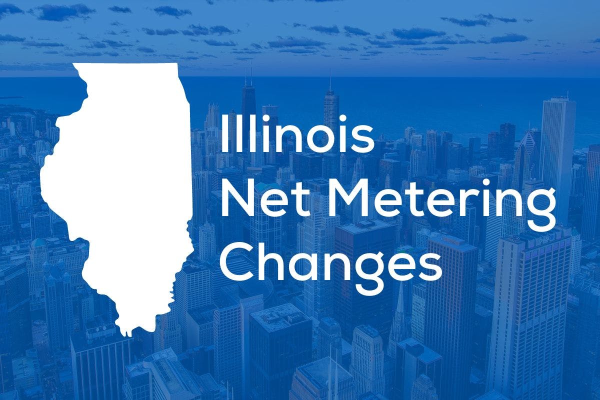 An outline of Illinois and the word Illinois Net Metering Changes on a blue background.