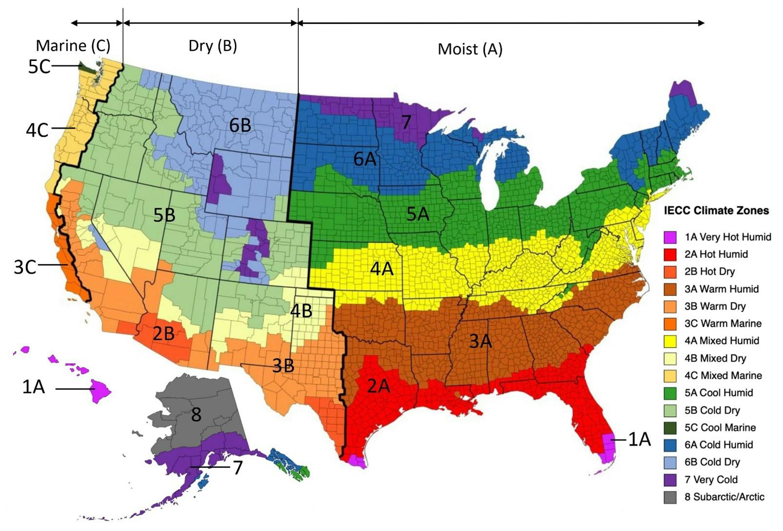 A map showing climate zones for deciding which insulation you need.