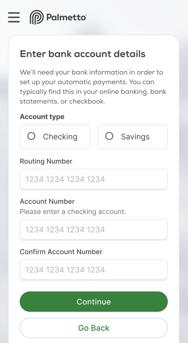 Payment setup step screenshot where user is asked to provide bank information.