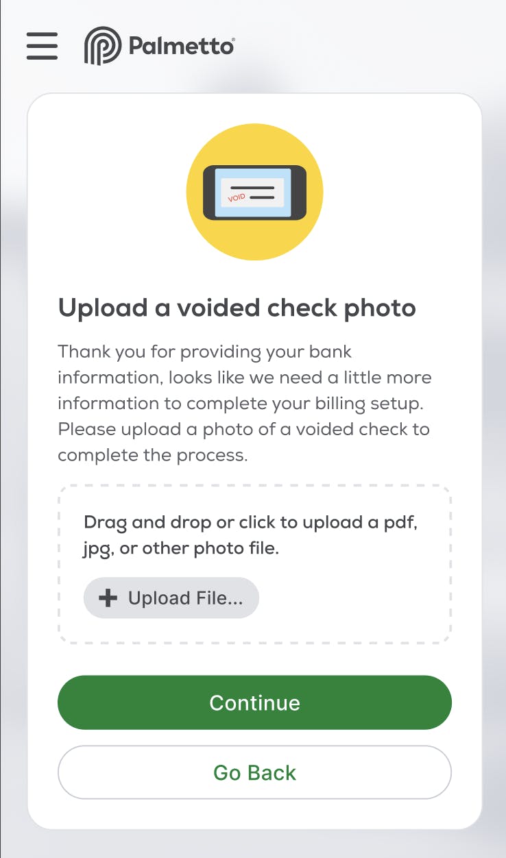 Payment setup step screenshot where user is asked to upload an image of a voided check.