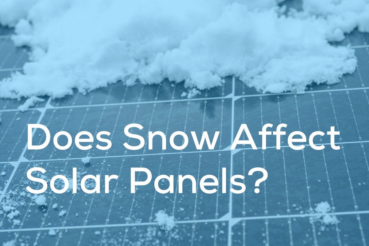 The words "Does Snow Affect Solar Panels?" on a blue background showing snow on a solar panel.