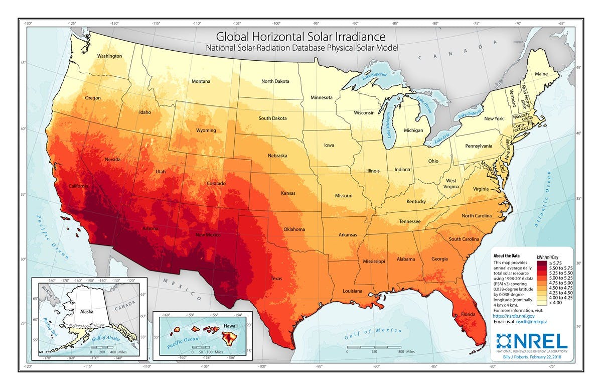 A map showing the average peak sun hours across the United States