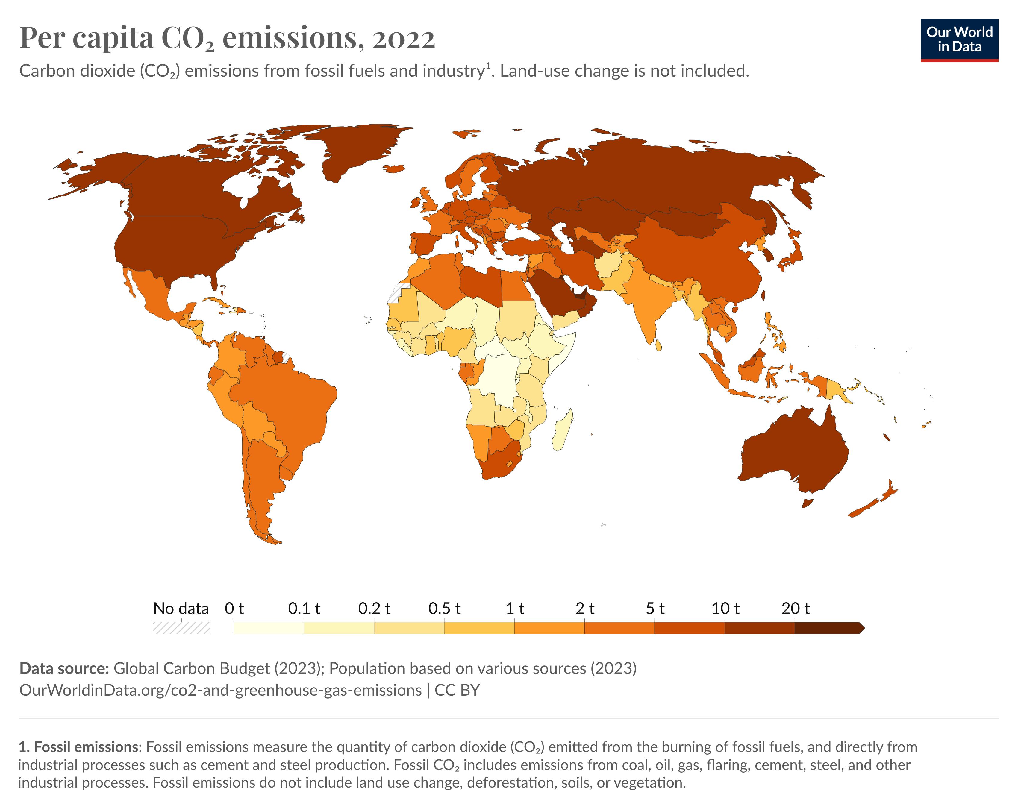 A map showing per capita carbon emissions around the world.