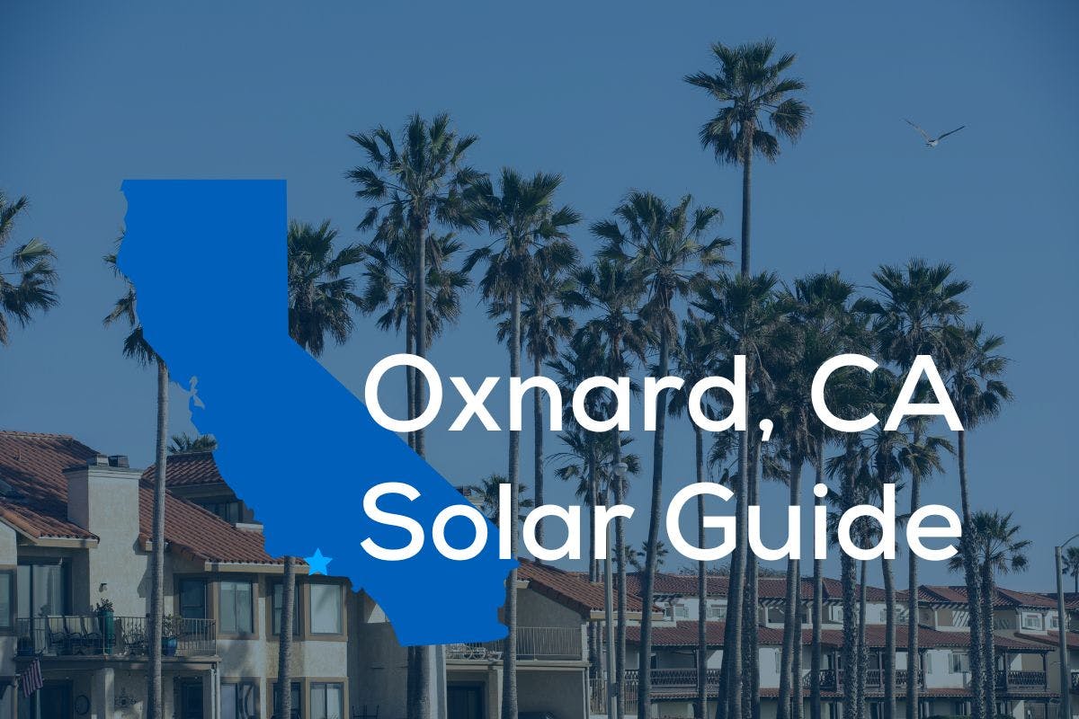 A map of California with Oxnard marked and the words Oxnard, CA Solar Guide on a blue background.