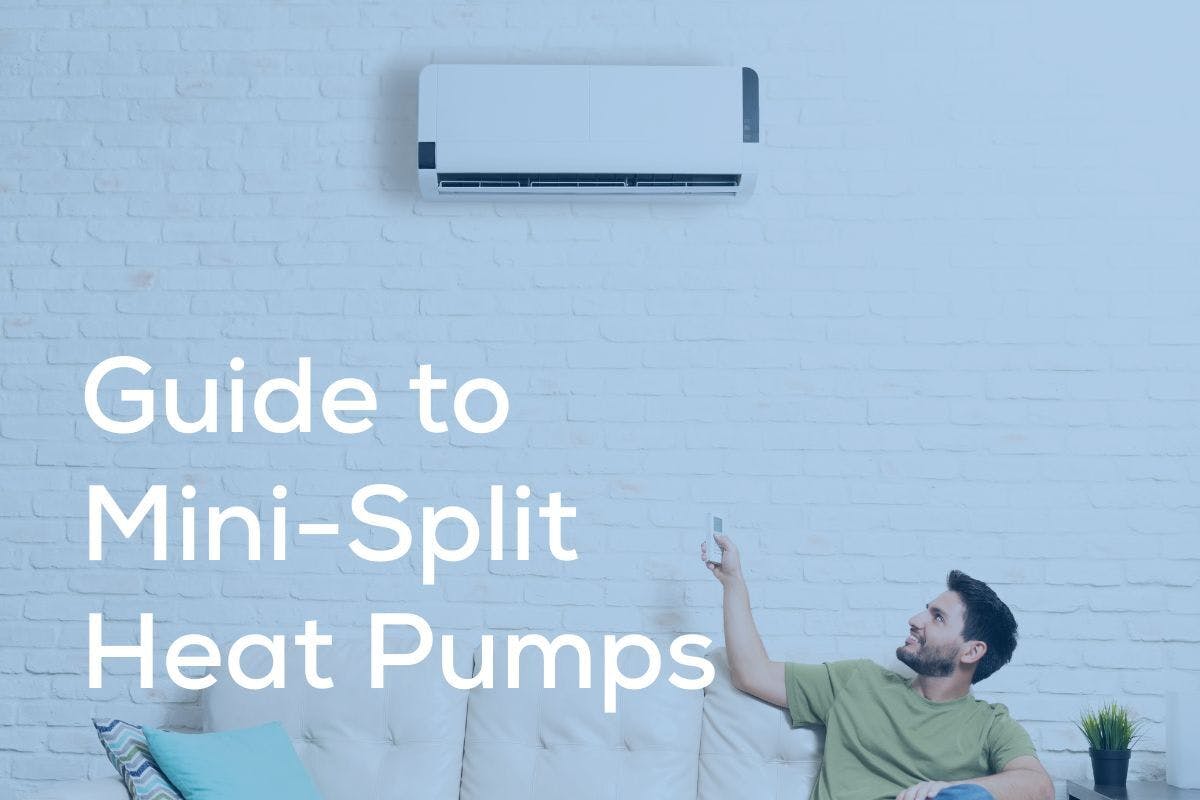 Guide to Mini-Split Heat Pumps blue background, showing a wall-mounted mini-split unit