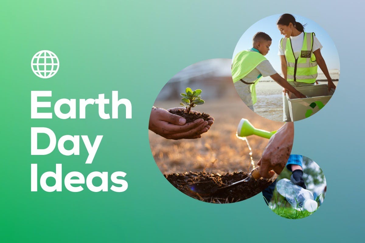 The words "Earth Day Ideas" over images of a family recycling, planting a tree, and picking up a plastic water bottle, representing 25 easy ideas to celebrate Earth Day & protect the environment to reduce your carbon footprint with simple acts.