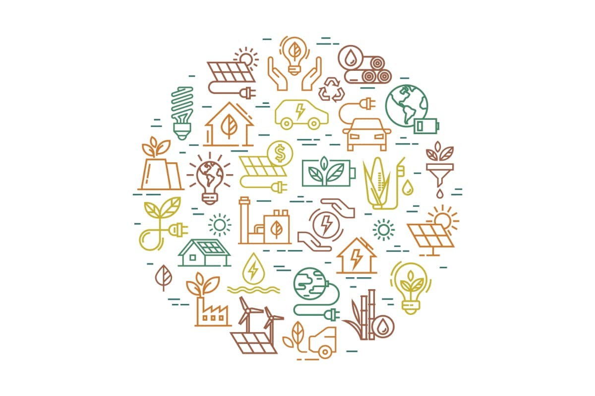 Various symbols representing the difference between green, clean, and renewable energy.
