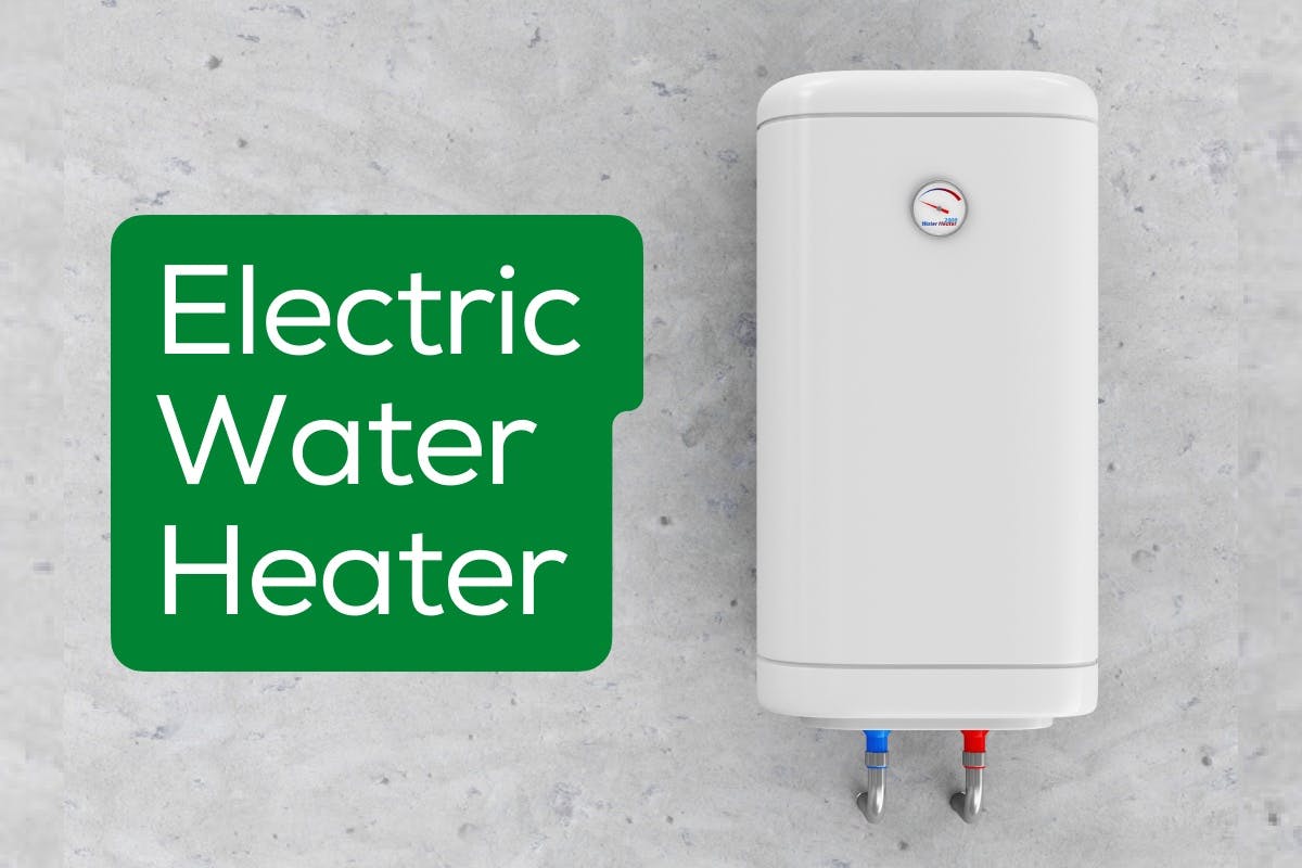 The words "Electric Water Heater" over an image of a futuristic-looking tankless electric water heater, representing the benefits of an electric water heater over a natural gas powered or fossil fuel powered water heater.