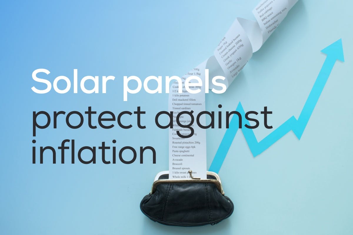 The words "Solar Panels Protect Against Inflation" over an image of a receipt going into a purse with an upwards facing arrow next to it, representing how installing a solar panel system on your home can hedge against inflation, with lower electricity bills that protect you from inflation and rising energy prices.