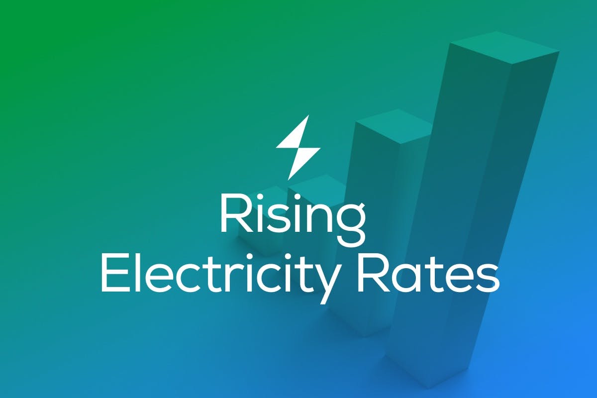 The words "Rising Electricity Rates" in white text rest above a green-blue field with a bar graph, representing the increasing cost of energy from the utility.
