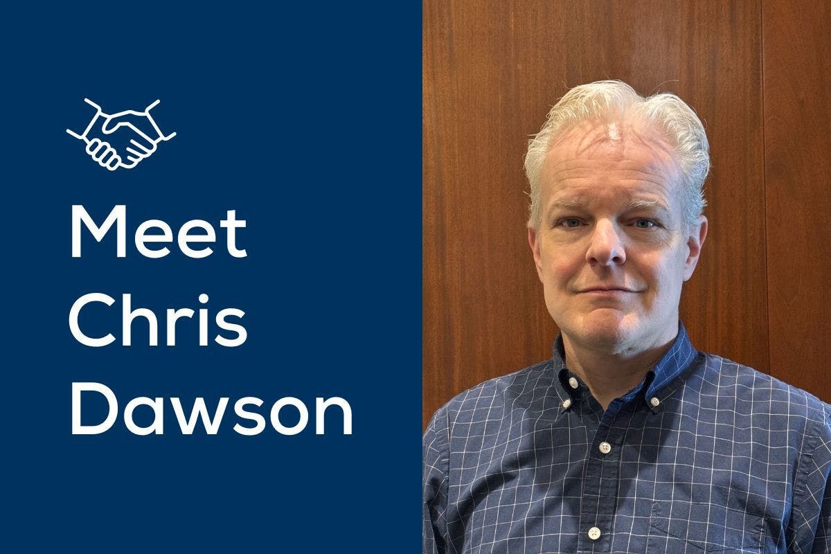 A headshot of Chris Dawson next to a blue box with the words "Meet Chris Dawson" in white text.