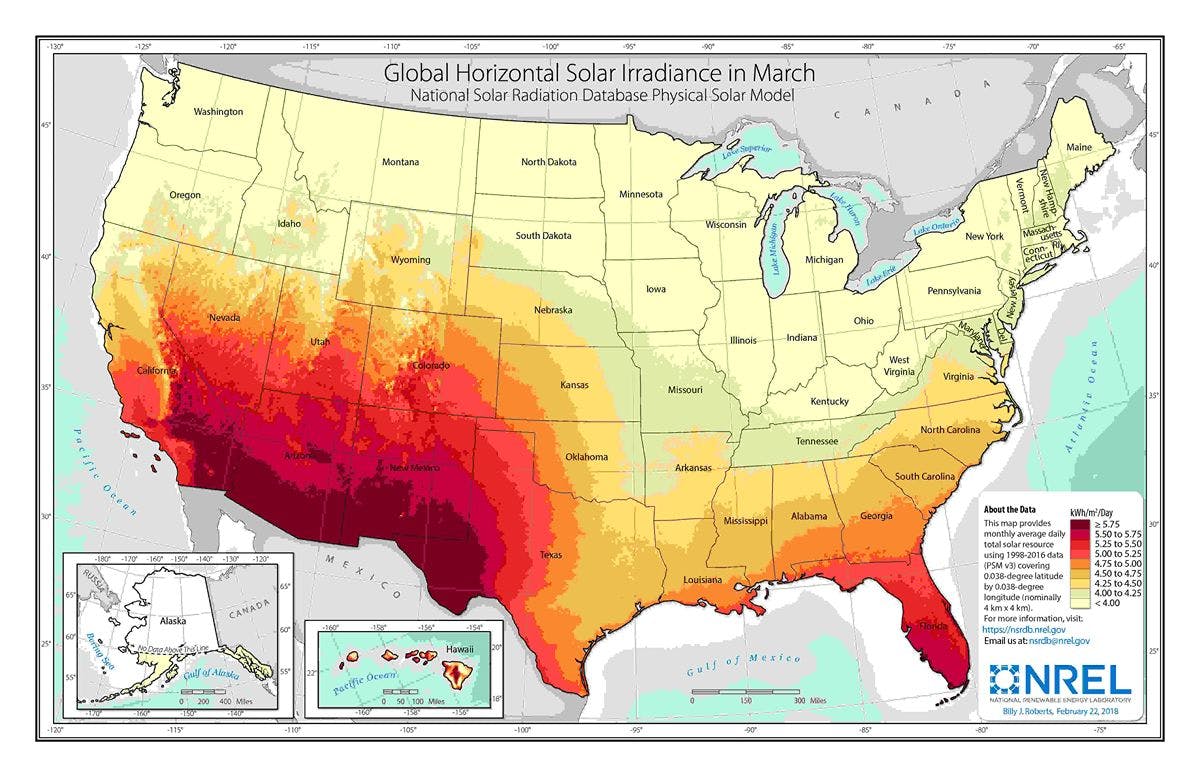Average solar irradiance for the contiguous United States in March.