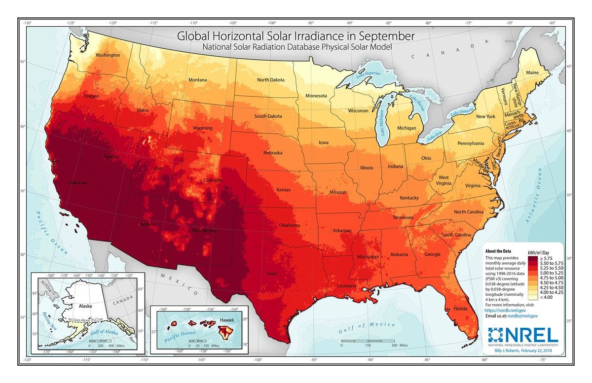 Average solar irradiance for the contiguous United States in September.