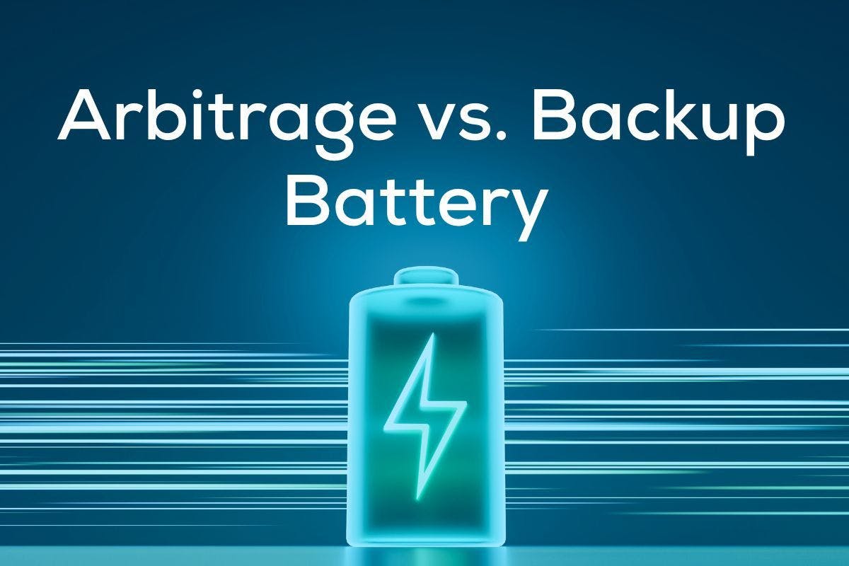 "Arbitrage vs. Backup Battery" on a blue background with a glowing battery below.