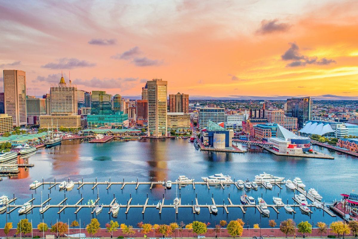 The Baltimore waterfront at sunset.
