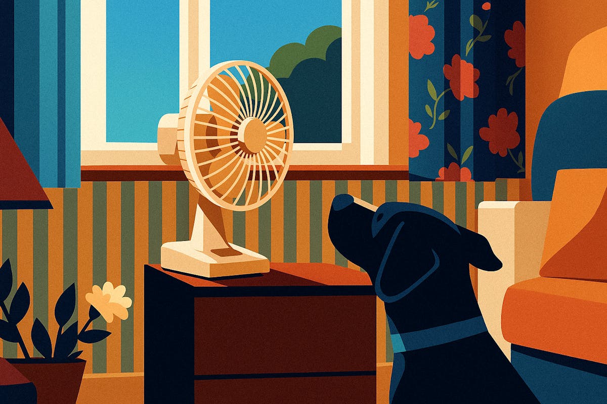 An illustration showing a dog facing a fan near a window.