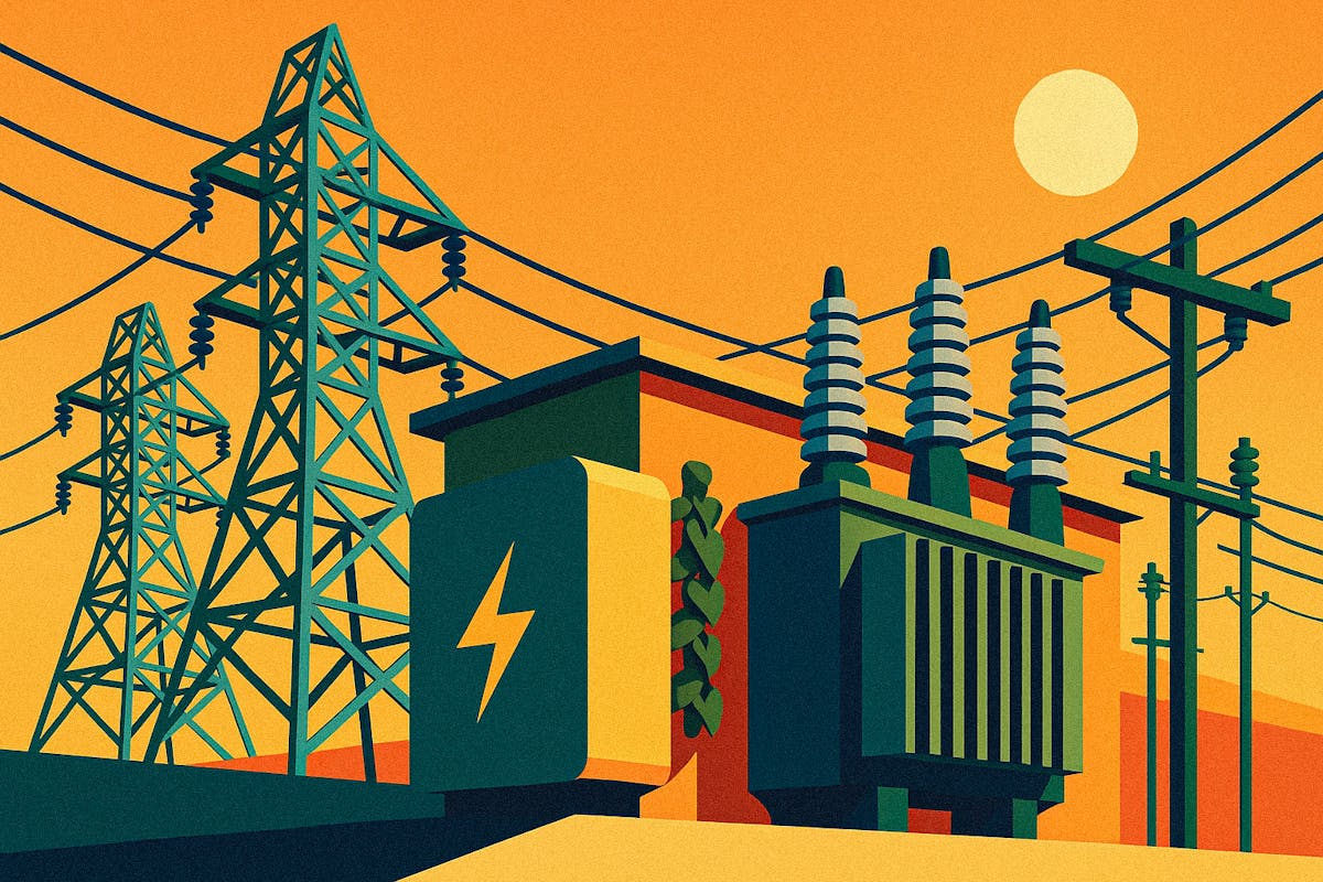 An illustration showing power lines, transformers, and other electricity transmission equipment.