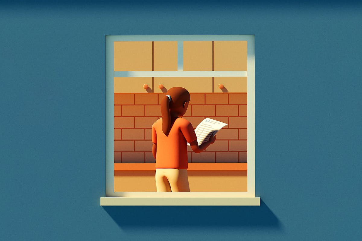 An illustration showing a person reading an energy bill as seen through a window.