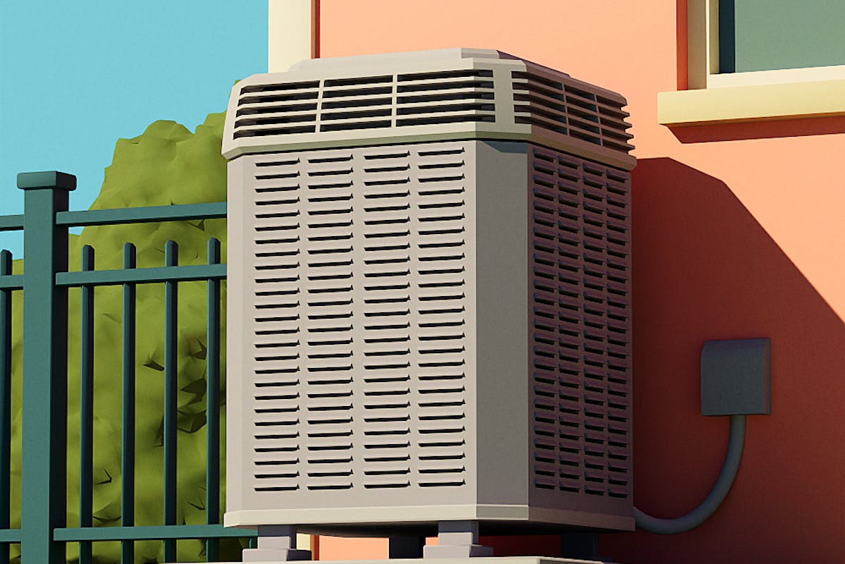 An illustration showing a heat pump outside a home.