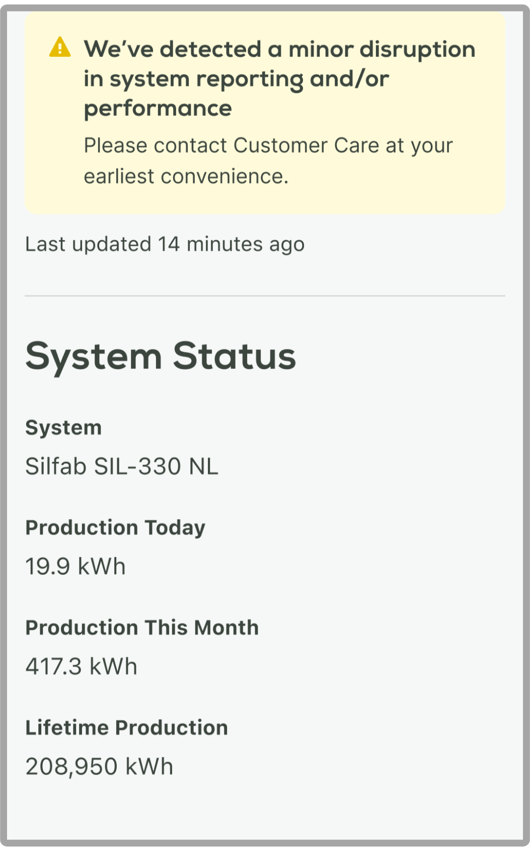 System status screen from the Palmetto App
