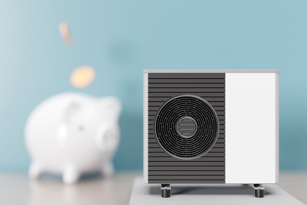 A heat pump with a piggy bank in the background.