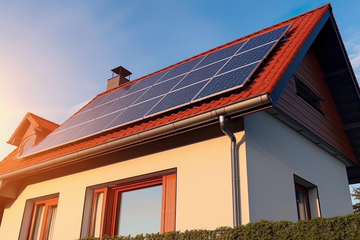 A home with solar panels at sunset.