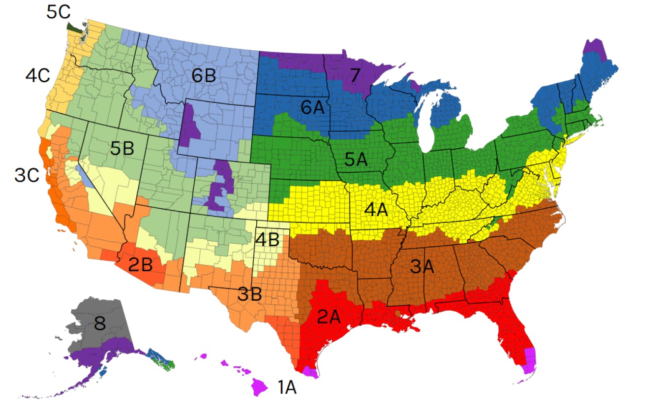 Climate zones in the U.S. from IECC Climate-Specific Building Assemblies in 2021