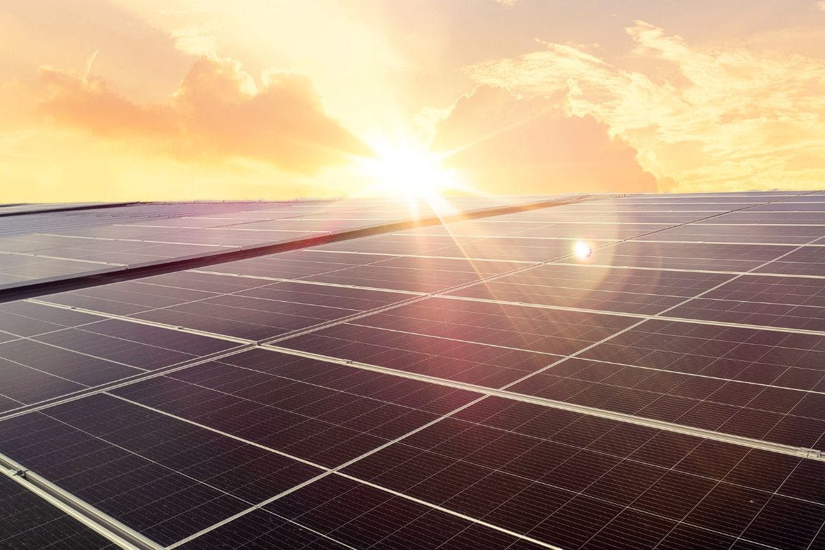 Solar panels at sunset.