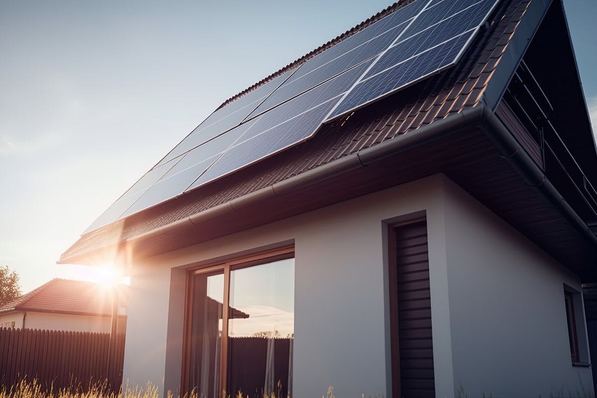 Solar panels on the roof of a modern house seen at sunset.