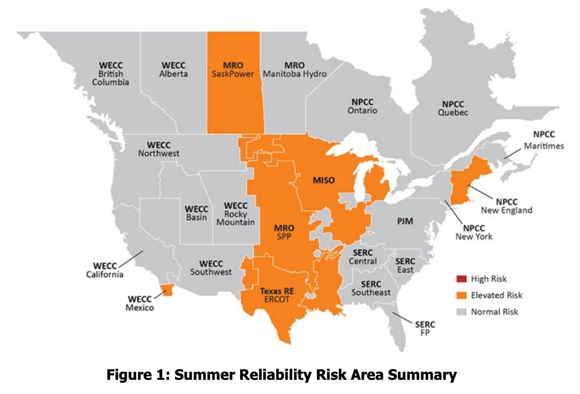 A map showing areas at elevated risk for grid unreliability during summer 2025.