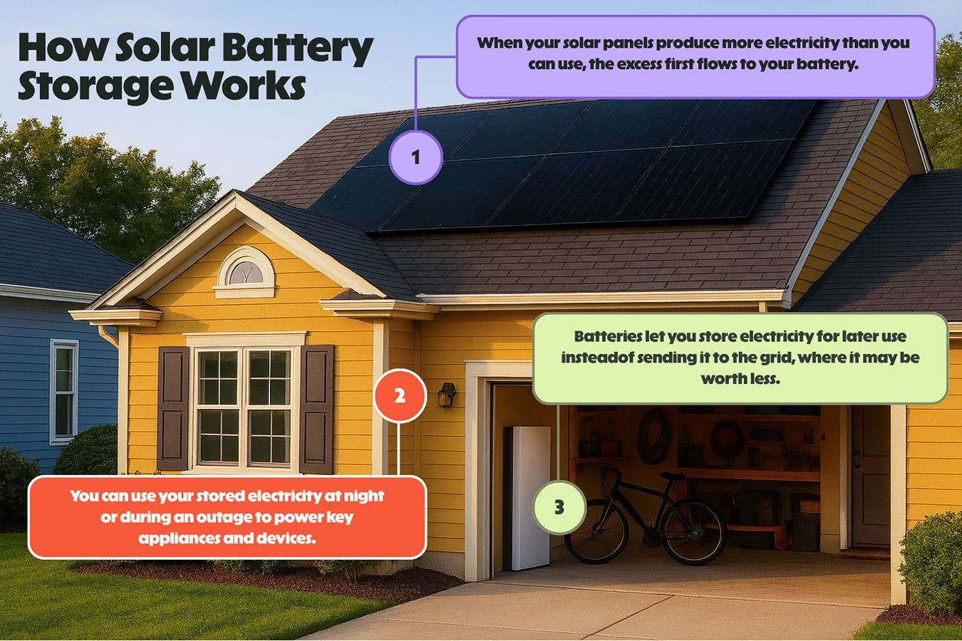 A home with solar panels and a battery. There are captions explaining how a solar battery works.