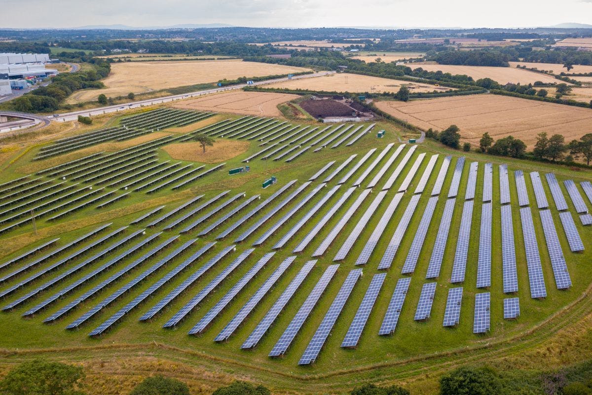 A solar farm as seen from above.