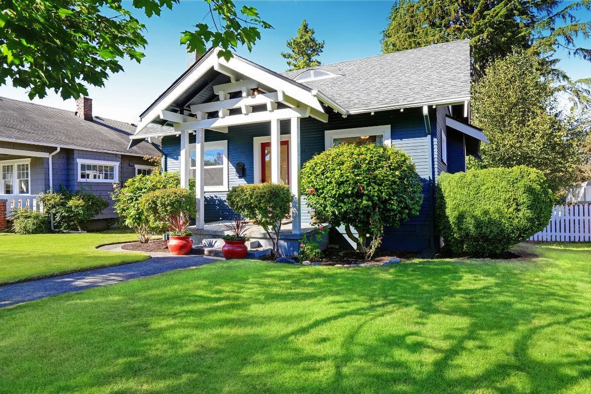 A home with a nice sunny roof and dappled shade in the front yard.