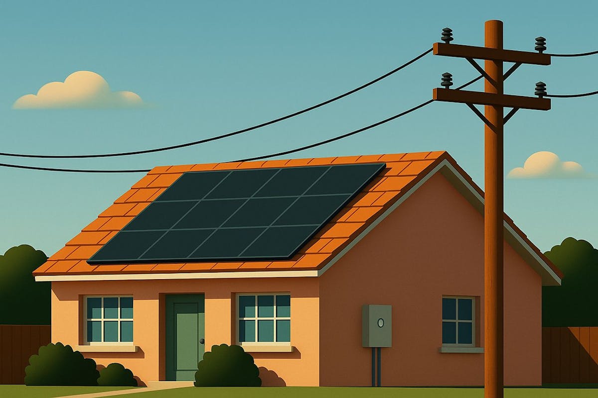 An illustration showing a small house with solar panels on its roof.