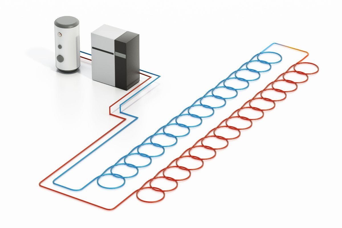 A diagram showing a geothermal heat pump with a water heater attached.