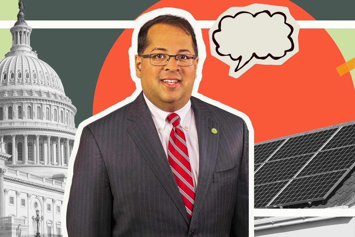 A digital collage with Neil Chatterjee's headshot, the US Capitol, and solar panels.