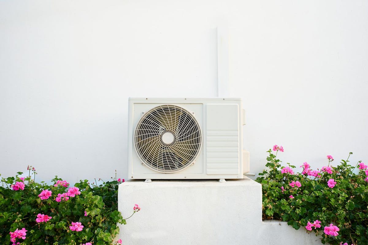 A heat pump against a white wall with pink flowers around it.