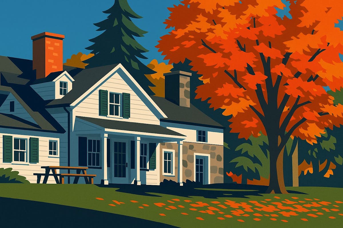 Illustration showing a house with a large tree in fall colors in the front yard.