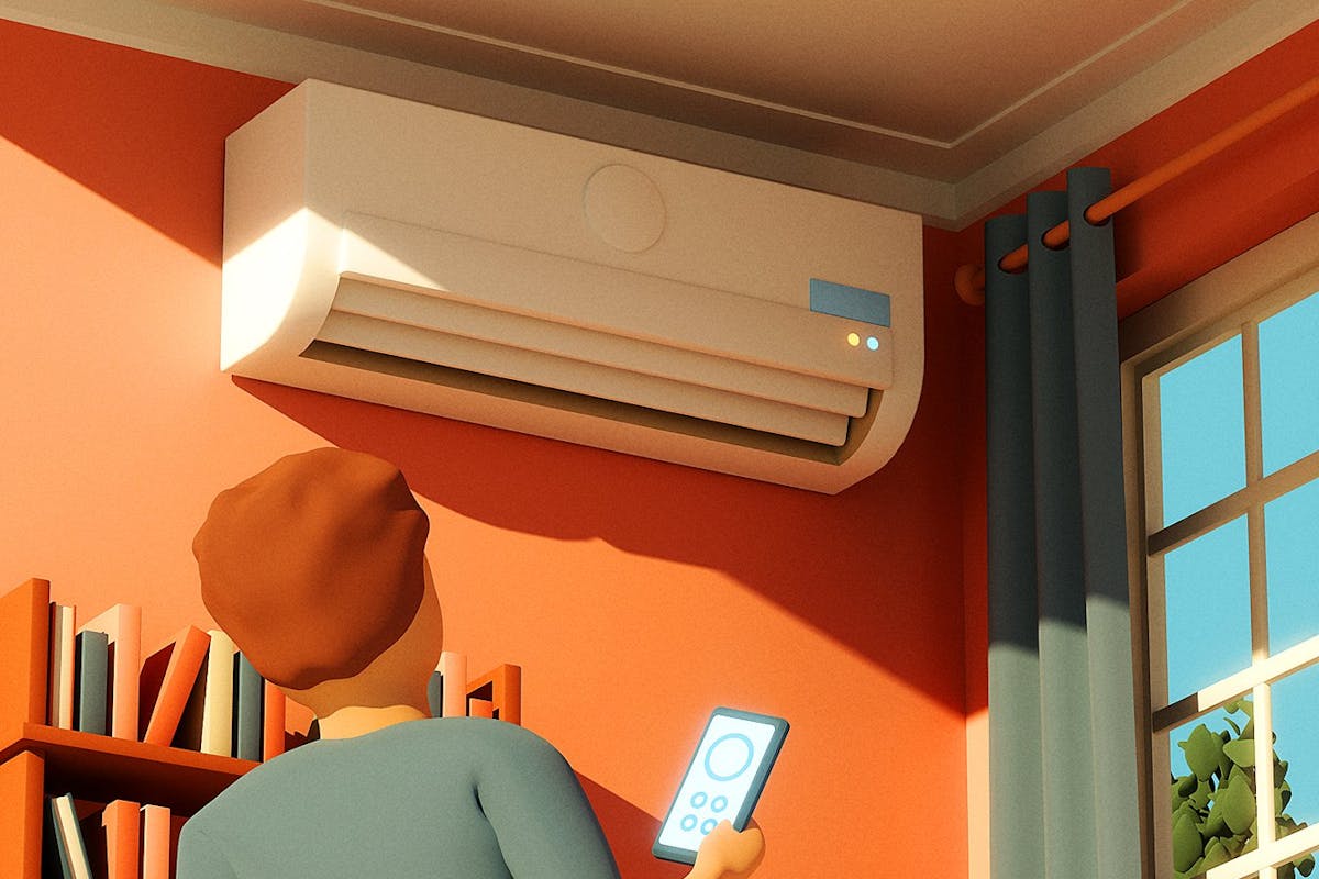 An illustration showing a person looking at the interior unit of a mini-split heat pump.