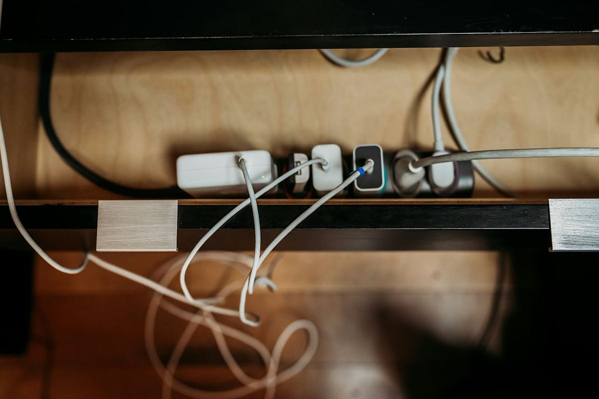 Cords plugged into a power strip.