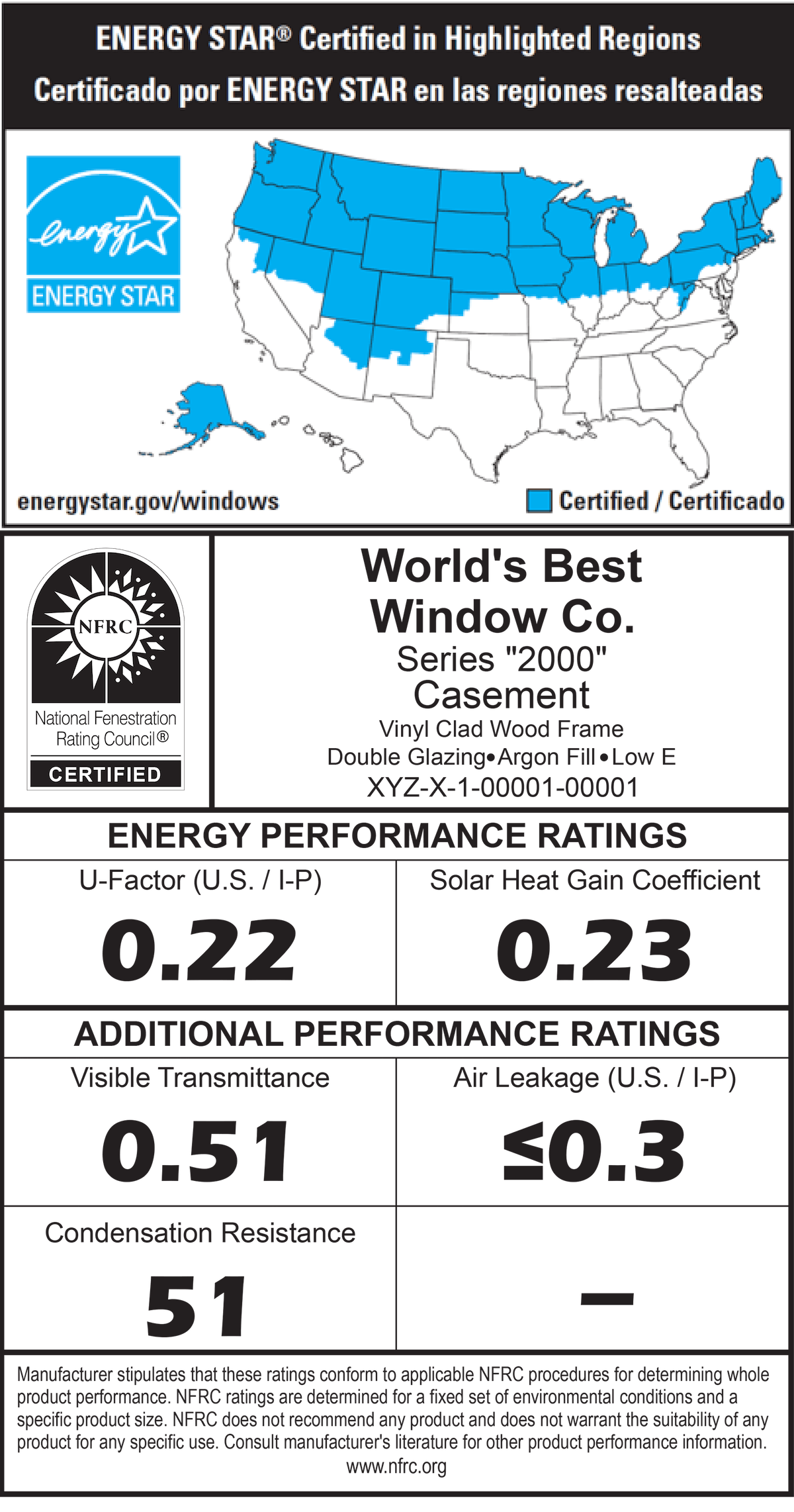 National Fenestration Rating Council label for windows with U-factor, SHGC, VT, air leakage, and condensation resistance figures.