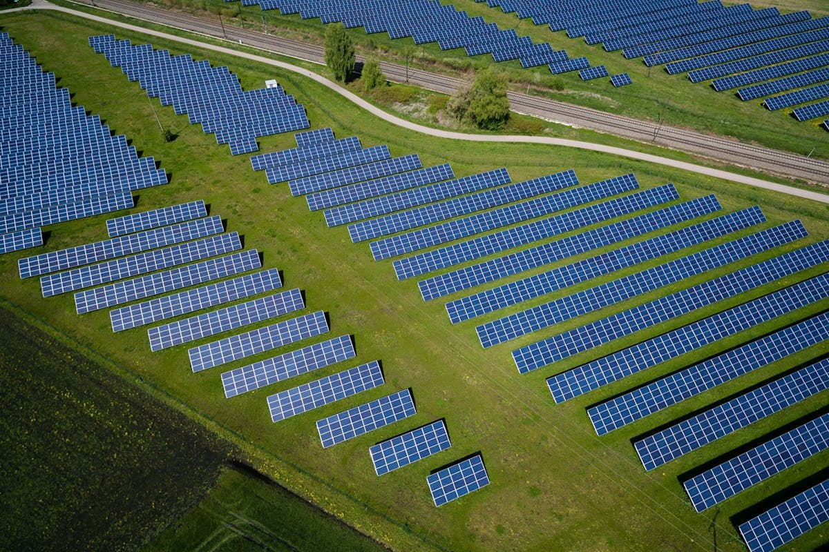 Blue solar panels in a green patch of land seen from above.