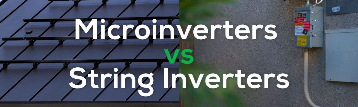 The text microinverters vs string inverters over images of both.