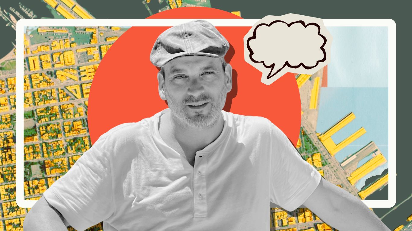 A digital collage showing Eduardo Berlin over a satellite map.