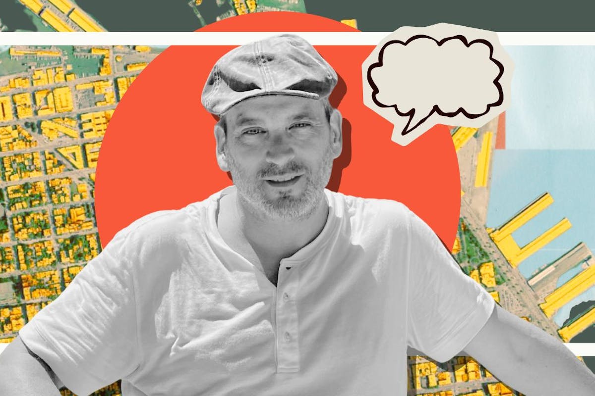 A digital collage showing Eduardo Berlin over a satellite map.