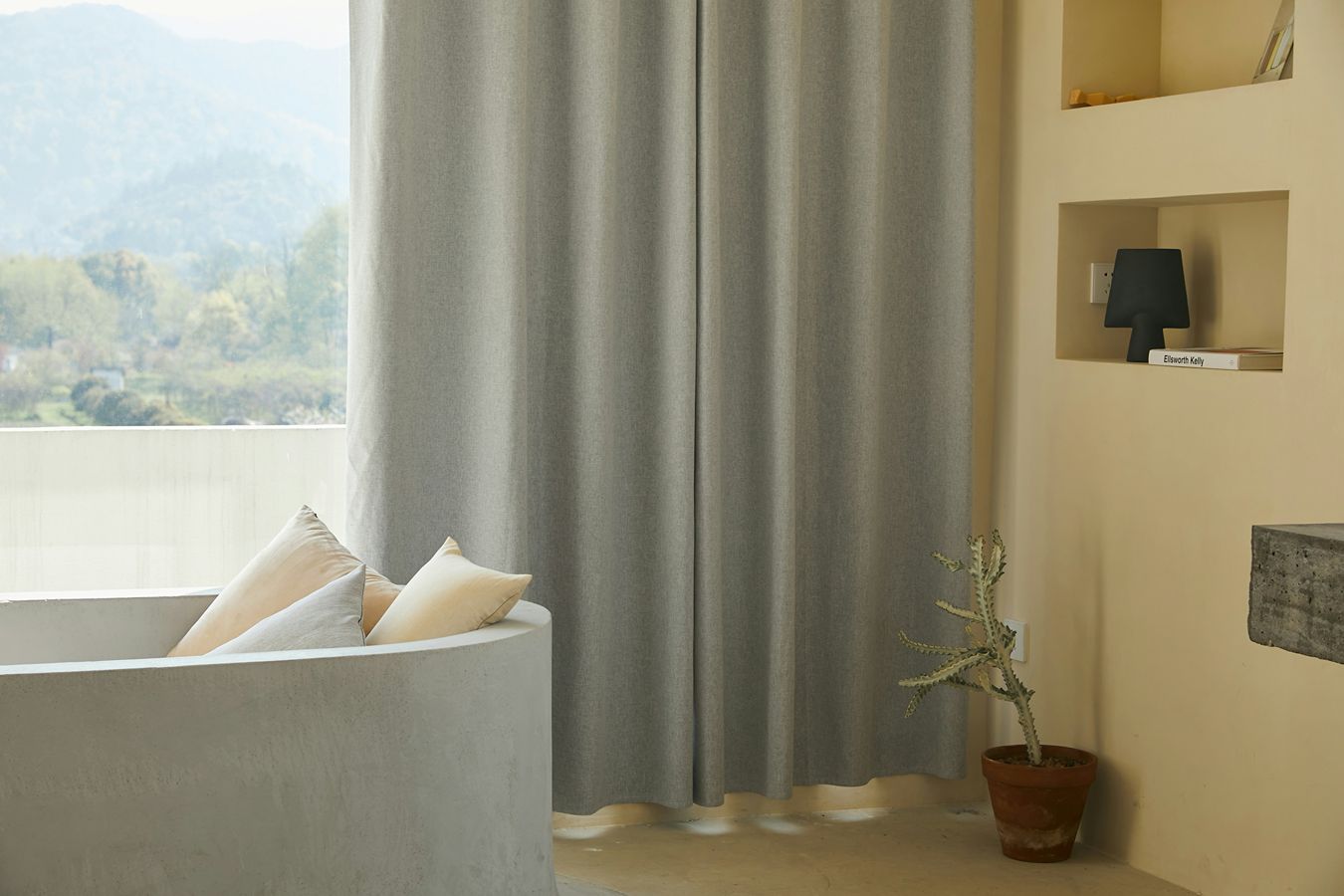 Grey curtains in a modern living room.