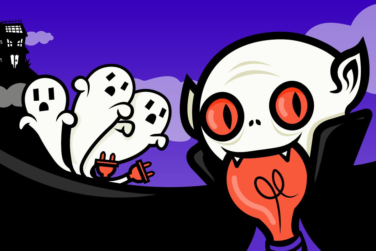 An illustration showing a bald vampire biting a lightbulb.