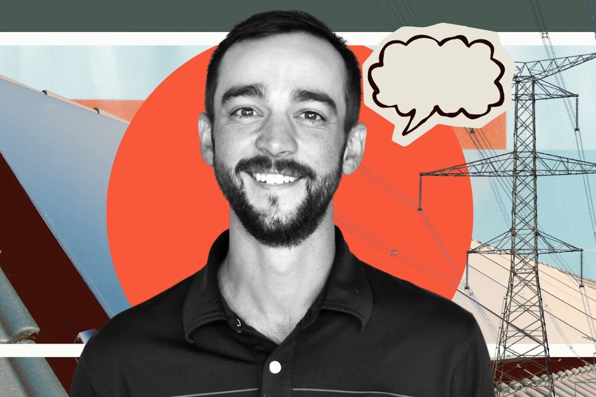 A digital collage showing Ryan Barnett, solar panels, and electricity grid infrastructure.