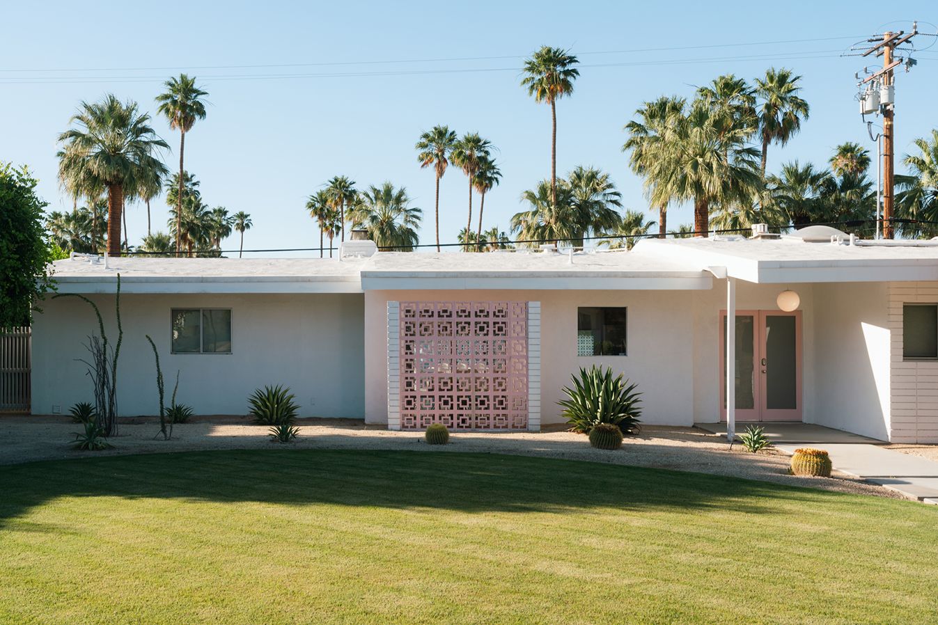 A small house with palm trees around it.